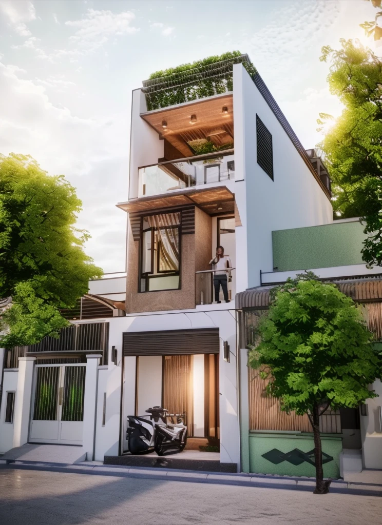 (Townhouse in city ,close houses and trees), (street road) , street landscape, daylight ( best quality) ((high solution)) ,(( photo realistic)) ,warm light, (sharp focont view of townhouse in style of modern, small house, Narrow area,VietNam, facade, beautiful facade, narrow and long ,three-storey,mutual colours, soft lighting, warm atmosphere,high Resolution, hyper detailed,4k ,vray render, octane render, hyper realistic, photography expert ,exterior design , professional photography, exterior photography,wide-angle shot , ultra detail , high Resolution , full frame, full body