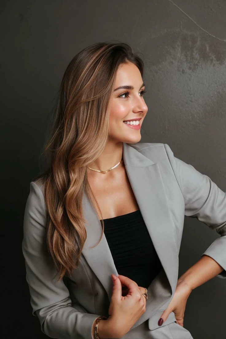 full hd 4k realistic image, “Create a beautiful, realistic woman with straight brown hair, deep brown eyes and smooth white skin, an Italian woman. Her face has delicate features and is smiling, radiant, with a smile. She dresses in a sophisticated way, pink blazer