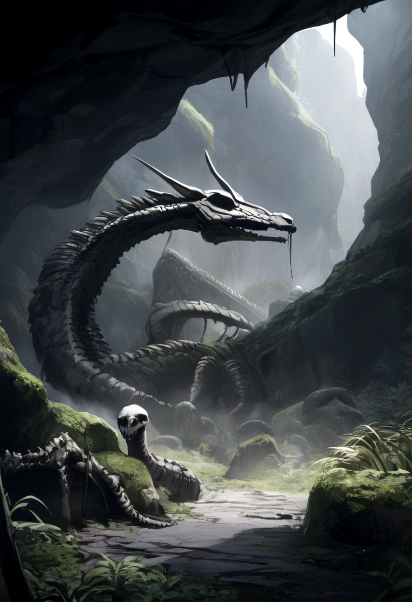 Corpse Pestle, Snake-headed Dragon Skeleton in a Deep Cave