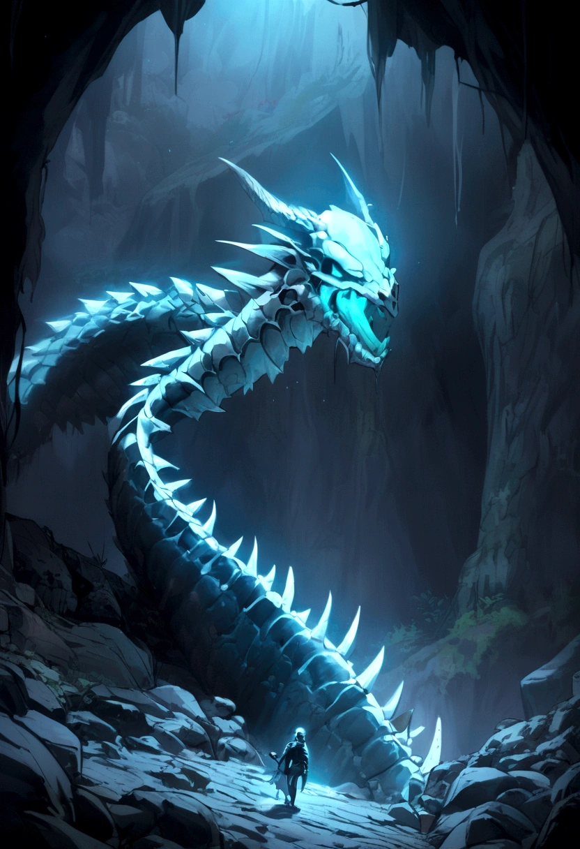 Corpse Pestle, Snake-headed Dragon Skeleton in a Deep Cave