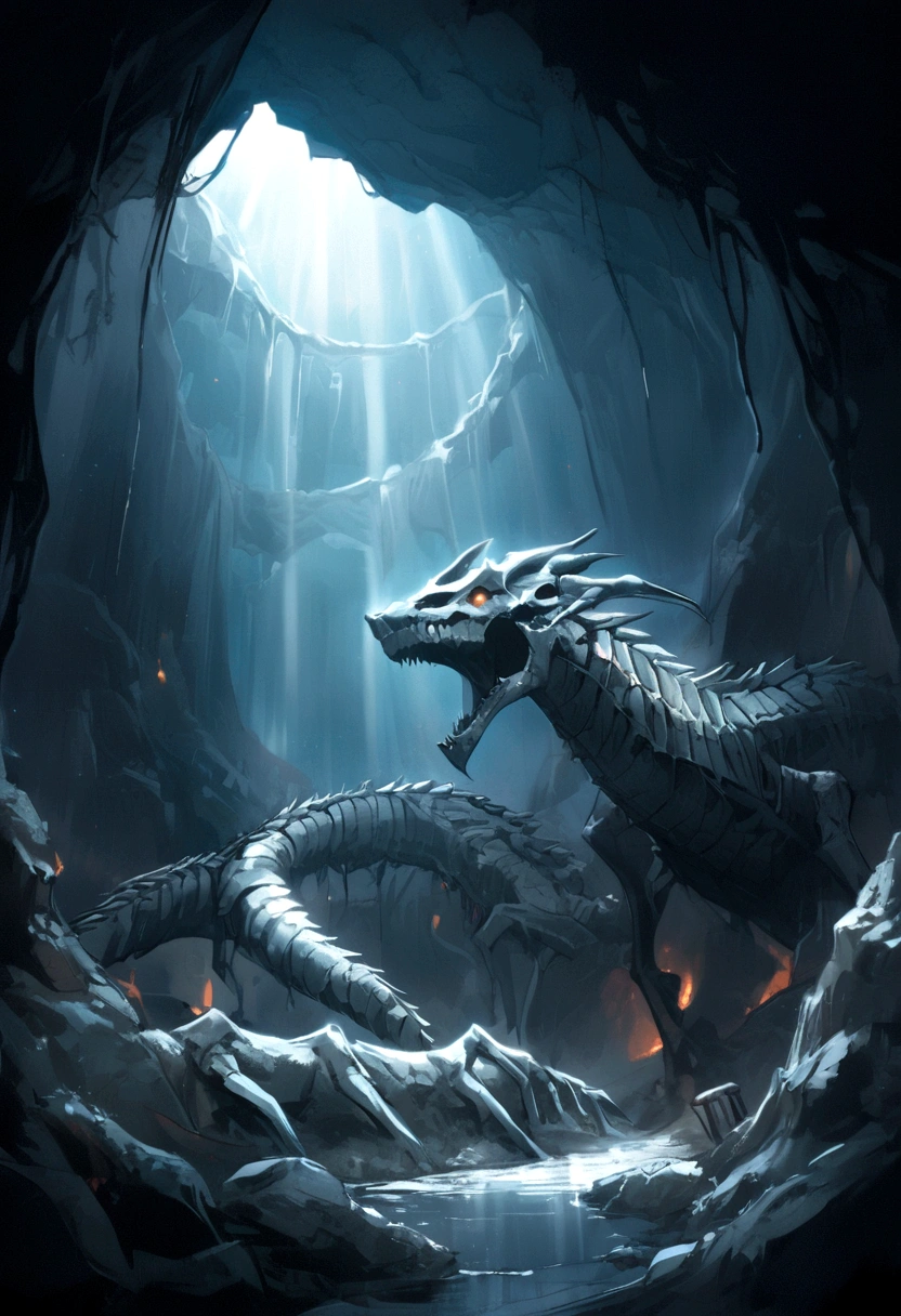 Corpse Pestle, Snake-headed Dragon Skeleton in a Deep Cave
