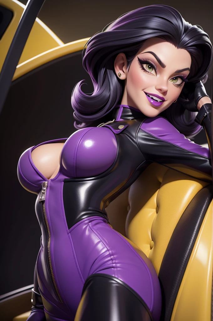 obra prima, melhor qualidade, (emma peel vamp 70yo face wrinkles) head back, sassy wicked girl, big toothy smile, open mouth, (shiny purple lipstick,) thick smoky black eye shadow, long fake eyelashes, raven black mullet hair, ((totally yellow leather spy girl suit,)) with studs zippers snaps, shiny leather gloves, body is skinny, reclining in car seat, dazzle pose, pinup pose, exaggerated selfie pose, camera view of the back of her body, looking down at me, shallow depth of field, highres, HD, 8k, anatomically correct