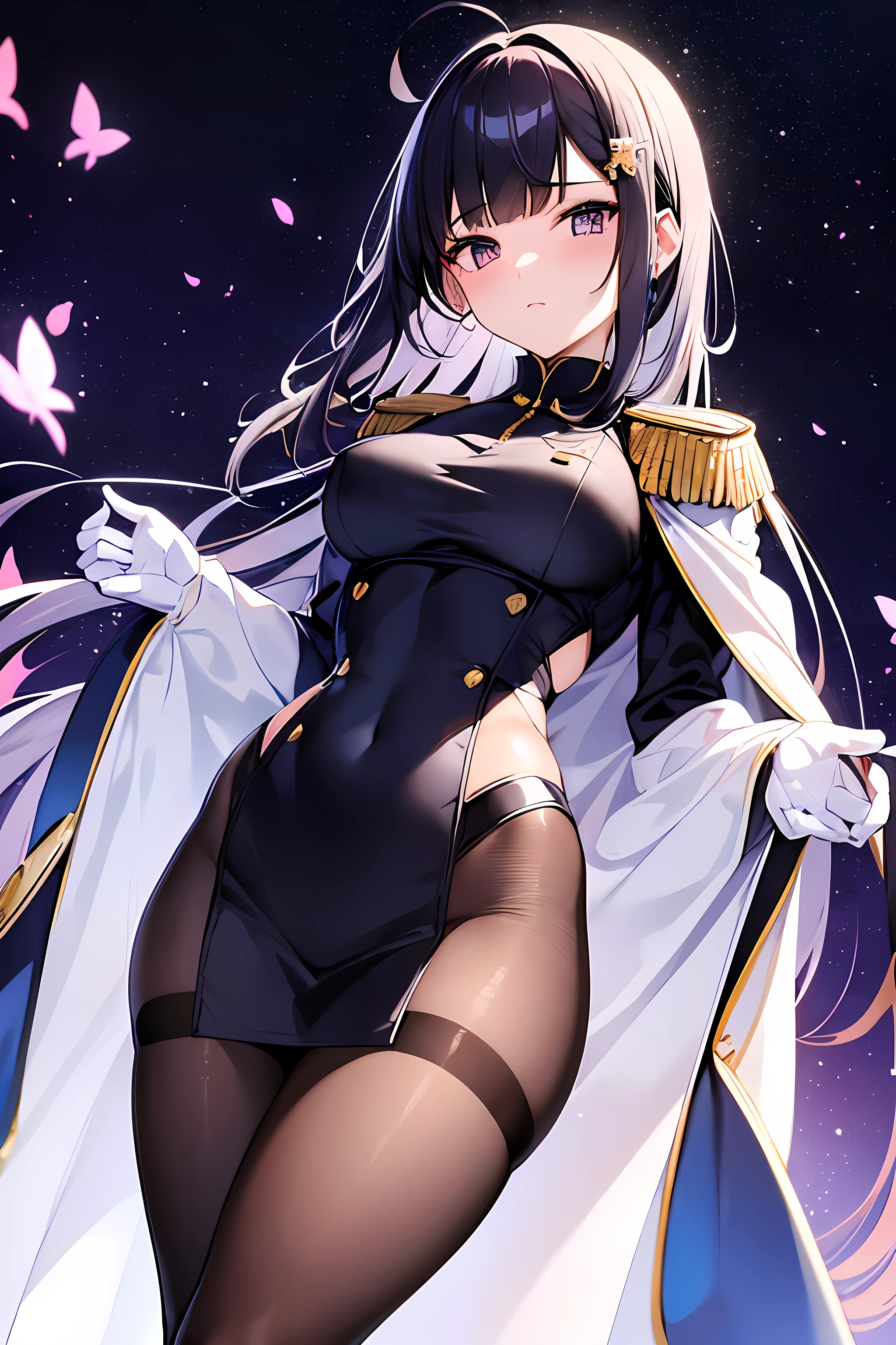 masterpiece, best quality, absurdres, YamashiroRen, blunt bangs, hair ornament, YamashiroRen, blunt bangs, hair ornament, military uniform, epaulettes, white gloves, red cape, black pantyhose, (humble masterpiece), 2d, sketch, sweet, light particles, (blue_theme, purple theme), hands behind back, nostalgic day, bright, flower field, butterflies, (bokeh:1.1), starry skies, milky way, light rays, looking the viewer, Ren Yamashiro's figure is often depicted as slender and graceful, with a subtle yet defined curvature. Her posture is impeccable, standing tall and proud, exuding a sense of elegance and refinement. One's shoulders care delicate, leaning down to slender arms, with her hands gracefully positioned behind her back or by her sides. Her waist is slightly curved, creating a gentle hourglass shape, and her legs are long and well-proportioned, accentuated by the black pantyhose. Ren's overall figure conveys a blend of strength and femininity, reflecting the confident and charismatic personality.