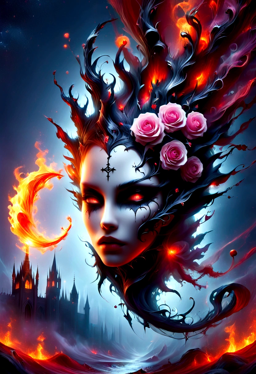 (Messenger from hell:1.4),cross,A giant vampire,Sickle seen from below,hell,magma,flame,(Purple flame:1.3),There is fresh blood on the ground,blood pool,dripping blood,Gothic aesthetic,bat、Rose、castle、cross、blood、church cemetery,The mystery of gothic style、solemn and profound,gothic style,gothic style lace clothes、Rose symbolizes romance、grave、vampire、witch、ruins、gothic cathedral,Series of gothic symbols