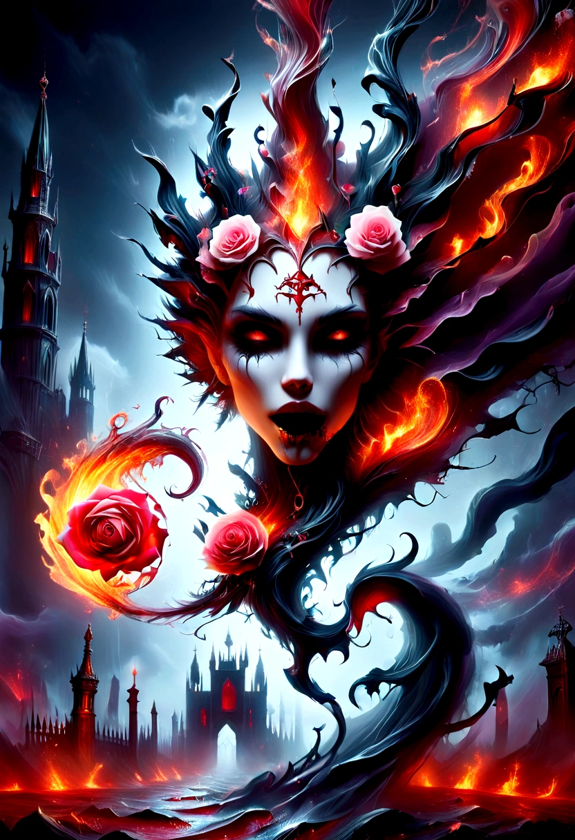(Messenger from hell:1.4),cross,A giant vampire,Sickle seen from below,hell,magma,flame,(Purple flame:1.3),There is fresh blood on the ground,blood pool,dripping blood,Gothic aesthetic,bat、Rose、castle、cross、blood、church cemetery,The mystery of gothic style、solemn and profound,gothic style,gothic style lace clothes、Rose symbolizes romance、grave、vampire、witch、ruins、gothic cathedral,Series of gothic symbols