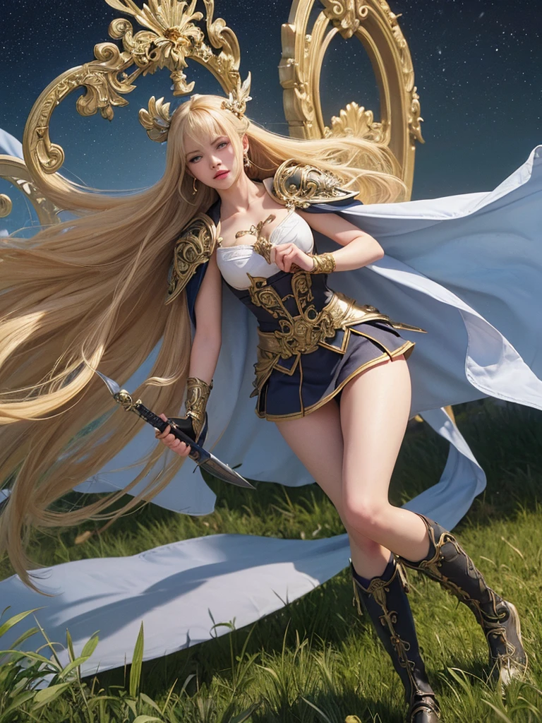 (((masterpiece, best quality))), (((high quality))), (((high resolution illustration))), (((hyper detail))),NSFW, (((Wordsworth's Sharon))),(((Very beautiful long blonde hair))), (((Very beautiful face))), (((very beautiful blue eyes))),(((kindly smiling, shy expression))),(((her face is flushed))),(((slim body))),(((slim thighs))),(((small breasts))),(((very beautiful slender legs))),(((Armor with extremely detailed and intricate decoration))),(((A skirt with extremely detailed and intricate decoration))),(((Boots with extremely detailed and intricate decoration))),(((beautiful earrings))),((a beautiful hair ornament))),((A cloak with very detailed and intricate decoration))),(((She is standing on a beautiful grassland late at night))),(((She is crying with a painful expression on her face))),((embarrassed)), (empty eyes),(erotic cry:1.2), tears, (rolling eyes),looking up, (wide-open eyes),(((running)),(((has a huge weapon))),