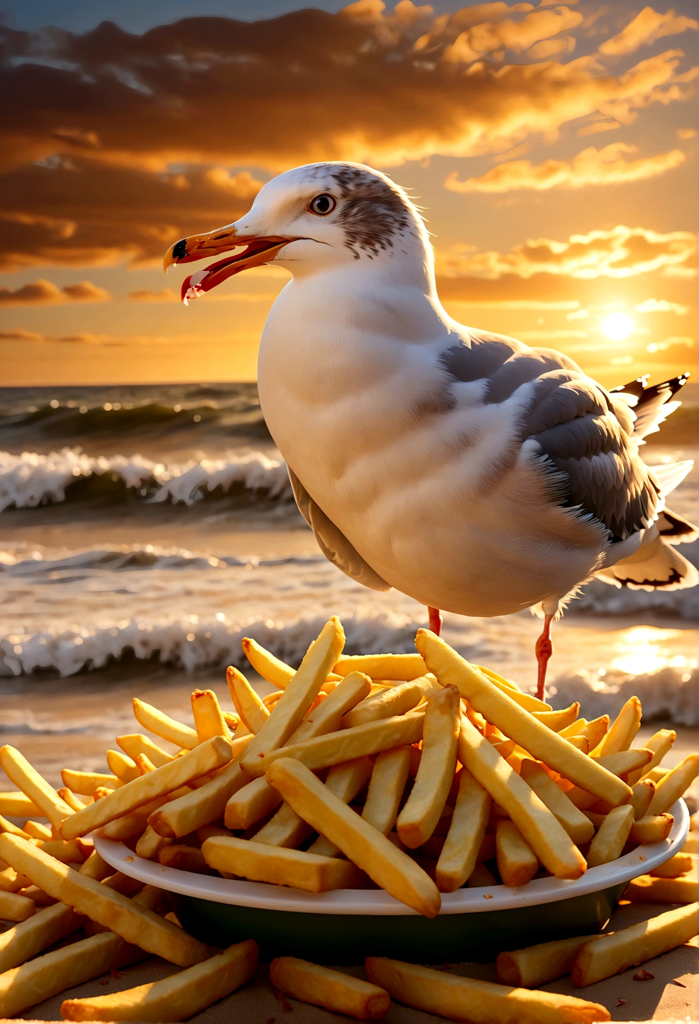 Seagull and Fries, seagull, french fries, beach, sunset, dramatic sky, ocean waves, sandy shore, food on the beach, hungry seagull, seagull reaching for fries, detailed seagull, detailed french fries, 8k, highly detailed, vivid colors, dramatic lighting, cinematic, golden hour, masterpiece, best quality, very aesthetic, absurdres