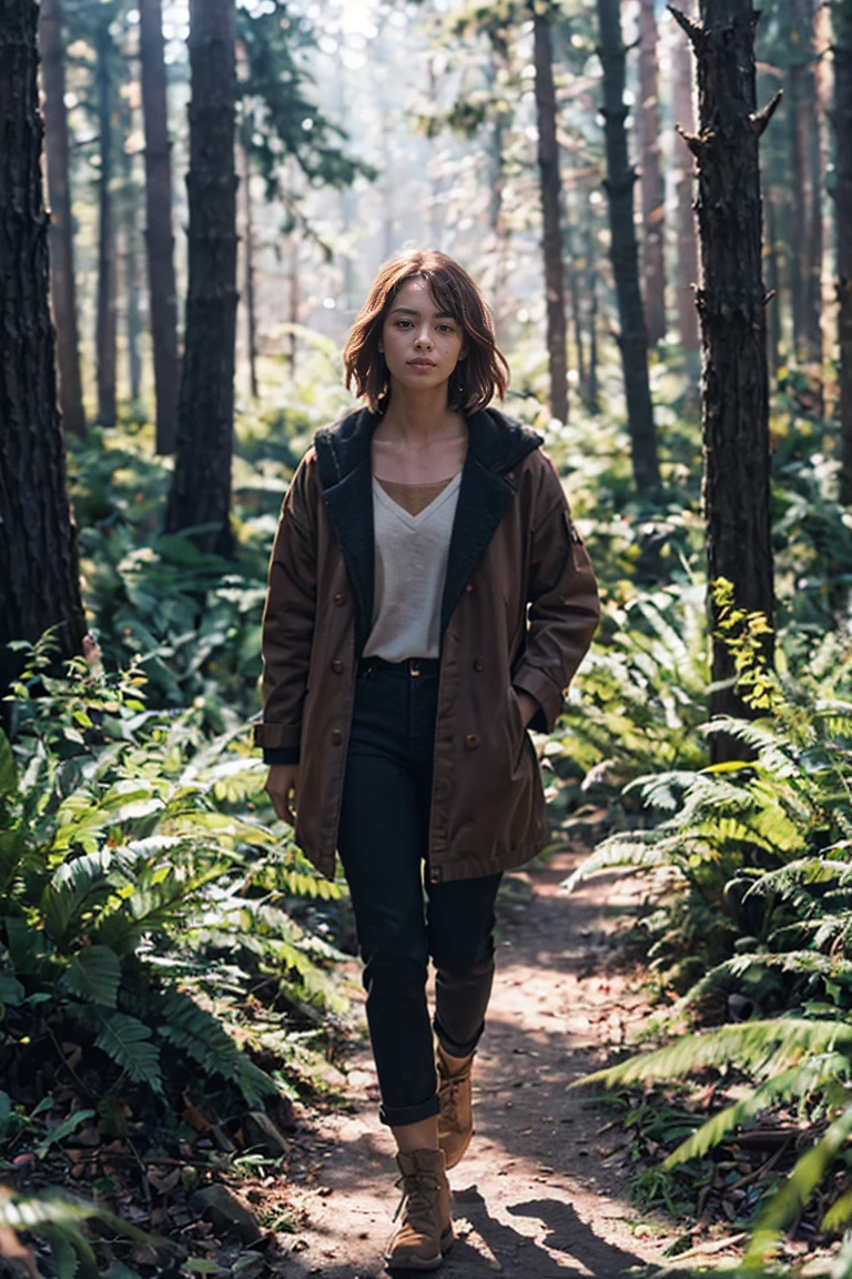 shot by Sony a7 IV Mirrorless Camera, natural light, analog film photo, Kodachrome ,A model walking between trees in a mountain forrest, surrounded by light pink smoke, brown hair, soft edges and blurred details