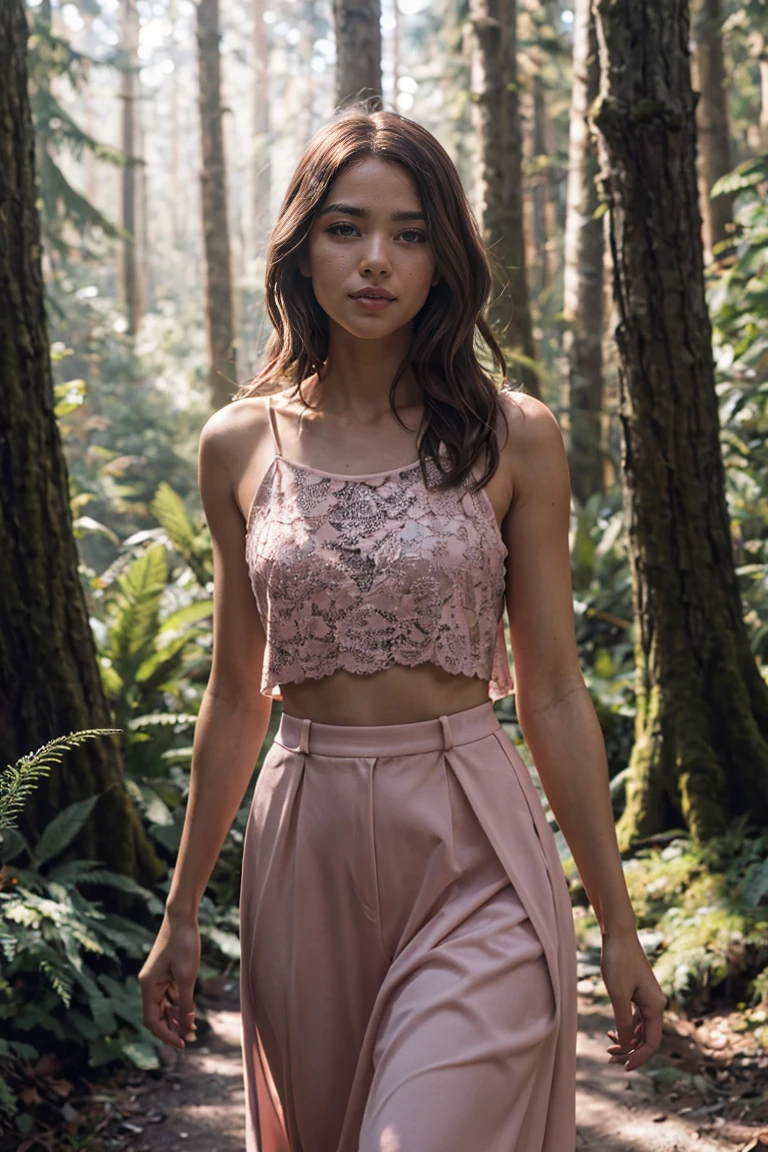 shot by Sony a7 IV Mirrorless Camera, natural light, analog film photo, Kodachrome ,A model walking between trees in a mountain forrest, surrounded by light pink smoke, brown hair, soft edges and blurred details