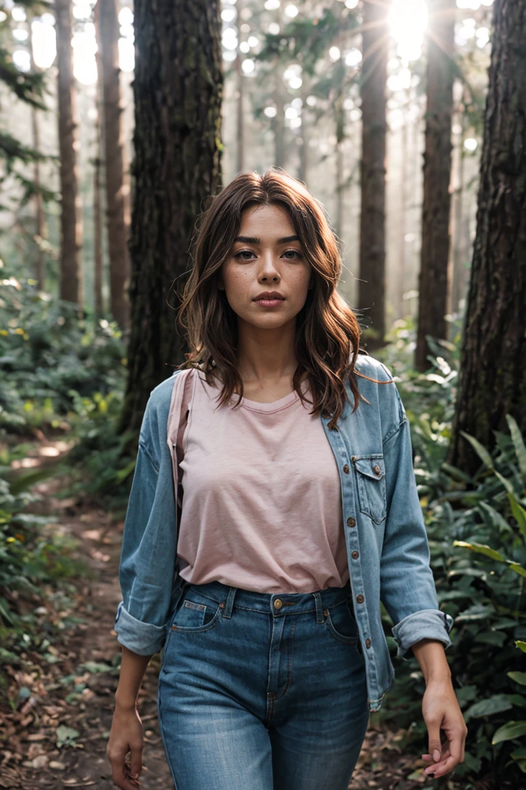 shot by Sony a7 IV Mirrorless Camera, natural light, analog film photo, Kodachrome ,A model walking between trees in a mountain forrest, surrounded by light pink smoke, brown hair, soft edges and blurred details
