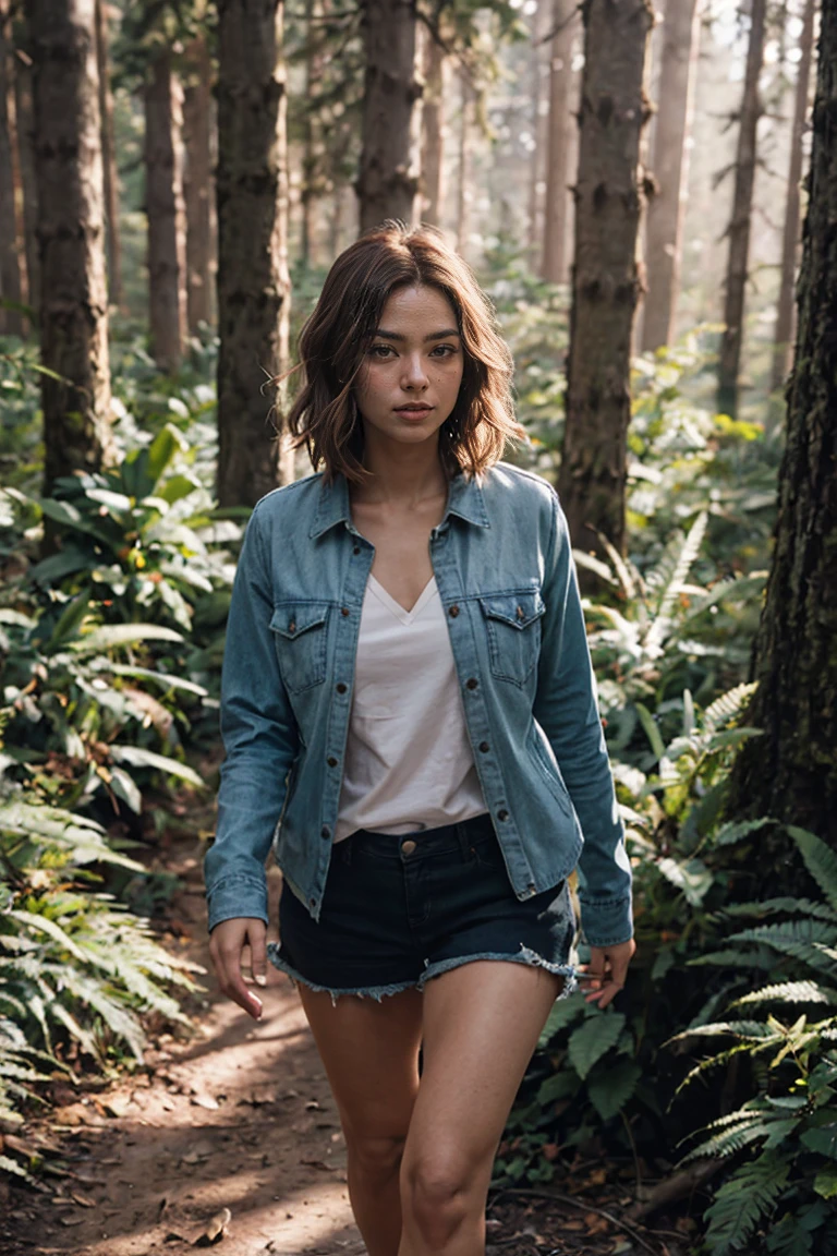 shot by Sony a7 IV Mirrorless Camera, natural light, analog film photo, Kodachrome ,A model walking between trees in a mountain forrest, surrounded by light pink smoke, brown hair, soft edges and blurred details
