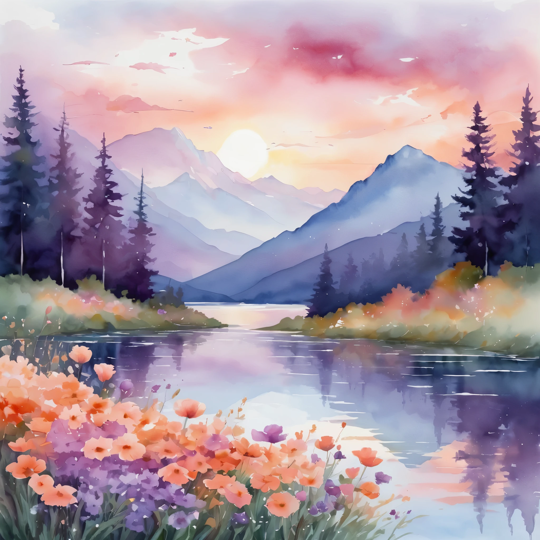 Create a breathtaking scene in the "Watercolor Fusion" art style. Imagine a serene landscape where a vibrant sunset merges seamlessly with the calm waters of a lake. The sky is painted with rich hues of orange, pink, and purple, blending effortlessly with the water's reflection. In the foreground, delicate flowers in a spectrum of colors bloom along the shore, their petals softly merging with the surrounding scenery. Silhouettes of distant mountains provide a gentle contrast, adding depth to the composition. The entire scene should feel fluid and ethereal, with colors bleeding into each other, creating a harmonious and dreamy atmosphere.