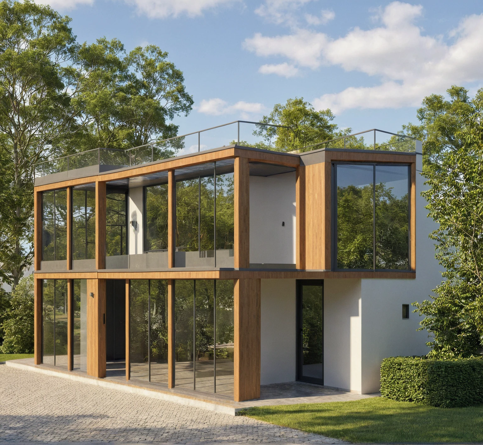 Photo brute,chef-d'artwork, High quality, best quality, authentique, great detail,
Outside, en plein air, style de maison moderne dans la rue, glass windows, grille, plafond en bois,
route,pavement, des arbres, ciel, nuage, (day light:1.1)