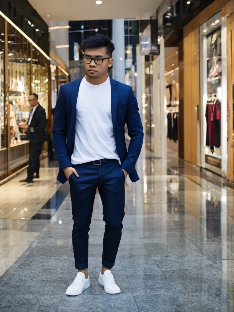 Indonesian male, 30 years old, masculine, wearing glasses. Dressed casually, wearing loafers, standing in the mall.