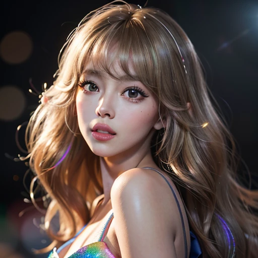 NSFW, 8k, High-level, absurd, masterpiece, best quality, primitive, very detailed CG, very detailed wallpaper, perfect lighting, Extremely detailed ((( personifying " Farrah Fawcett Majors " as a Little Girl))), MysticSight, Tyndall effect, Tyndall scattering, (Studio gray background with (Overflowing oodles Dazzling RainbowColorParticles (BokeH))), (RoundlyButts, ThighGap), (Exposed:0.4), (Assfocus with looking ahead) BREAK (Acutance:0.88), (NOGIZAKA face variations) Extremely Detailed very KAWAII face variations, perfect anatomy, Childish, CaptivatingGaze ElaboratePupils detailed Eyes with (sparkling highlights:1.28), (Voluminous LongEyelashes、GlossyRED Lips with beautiful details, RosyCheeks, Radiant PearlSkin with Transparency . { (Dynamic LifeLike expressions:1.4) | :d) }, (large eyes:-1) .