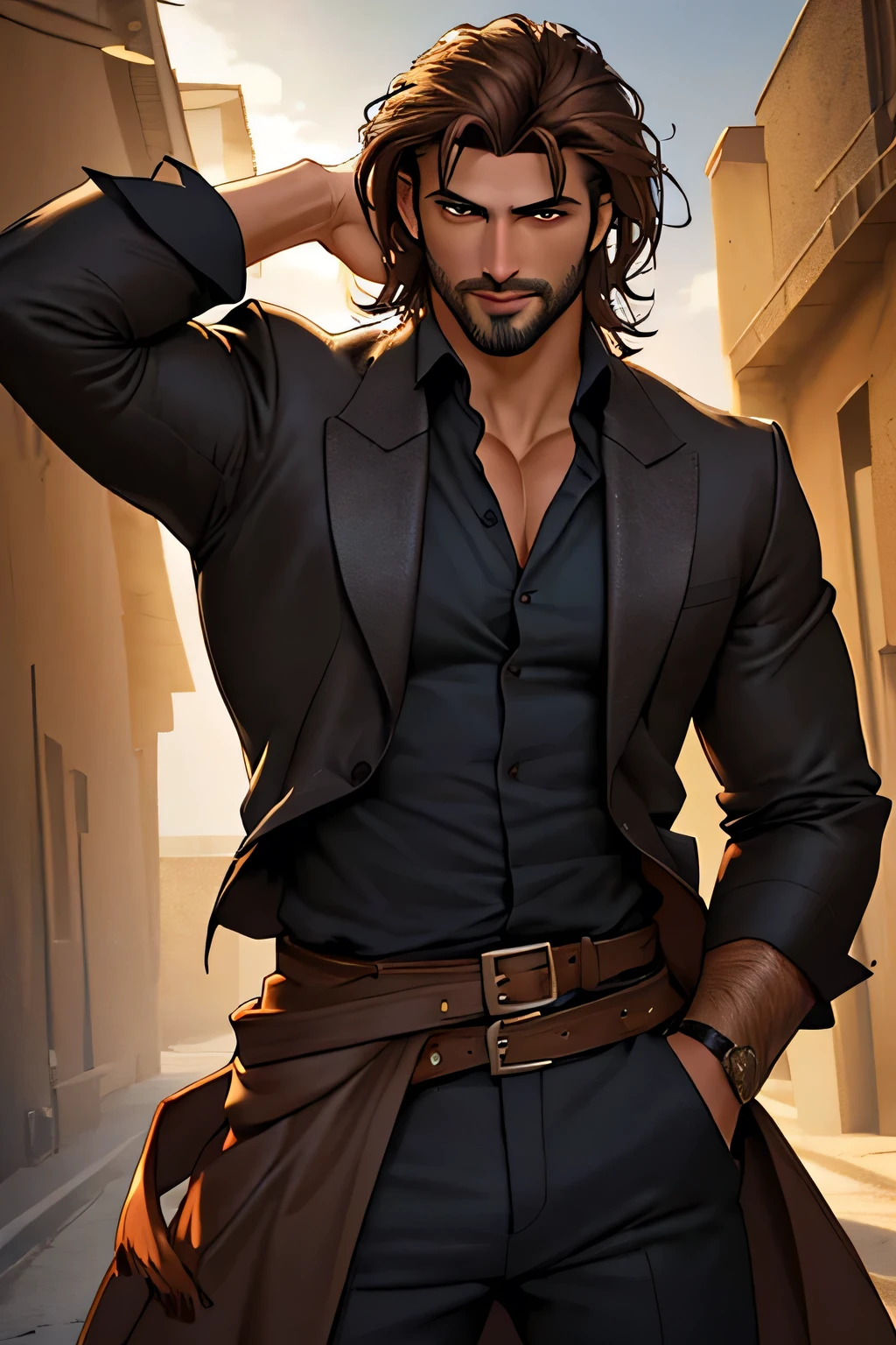Young male, rugged, handsome, gentleman, ehite shirt and dark trousers, Turkish man, tousled hair, light skin, dark brown eyes, ultra detail, 8 k, realistic photo, photo, head to waist, head to toe, portrait shot, cinematic light, cinematic color, remarkable, dominant, smouldering and dangerous