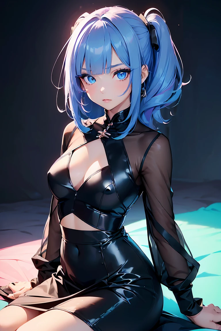 ((1 Girl)), Latest Trends in Clothing, Chinese fashion, Street fashion,Cute Costumes, Medium chest, Low Ponytail, skirt,black tights,sit,((Very detailed,Highest quality, High resolution, 8k wallpaper, Beautiful clothes,)),((Pastel colored hair, Shortcuts,Side Up, ((Asymmetrical bangs)) ,(Bright Blue Eyes),eye shadow, eyeliner,Glowing Eyes, Very detailed目, Complex eyes, Beautiful Eyes, 輝くBright Blue Eyes, 18-year-old girl
