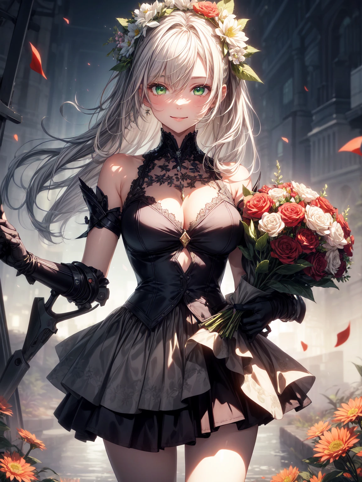 Be realistic,(masterpiece,Highest quality,Highest quality,Very detailed,Fractal Art,Most detailed,(Flower field background:1.5)(1 Girl),Kamimei,(Hair length),(Green eyes glow、your breasts will grow,Stunned),crystallization,sexy、Machinery Armor、Sunburned skin、(Holding a bouquet of flowers in both hands:1.3)、break, (Holding a bouquet:1.3),(mini skirt)、A kind smile