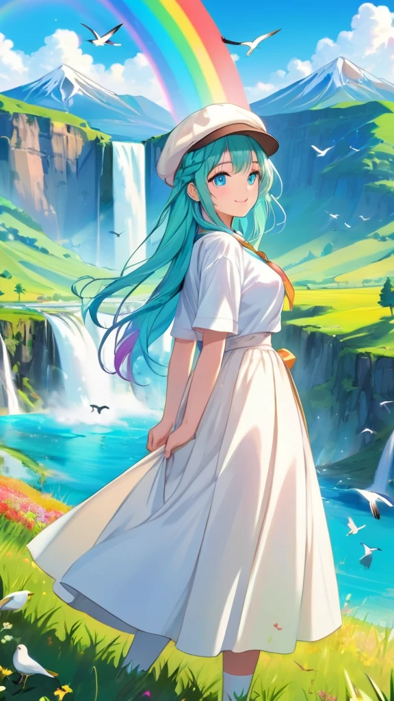 Female, woman, mature, Beautiful, Humble, Kind, long hair upper waist Stright Braided Hairstyles, Aqua blue pupil eyes colour, bright cyan Hairs, wear Newsboy Cap rainbow colours, white dress flowing with skirt, Painting mountains with a waterfall and a rainbow, filled with many birds flying on canvas, Open grassland background in the morning. Anime style, vivid colours.
