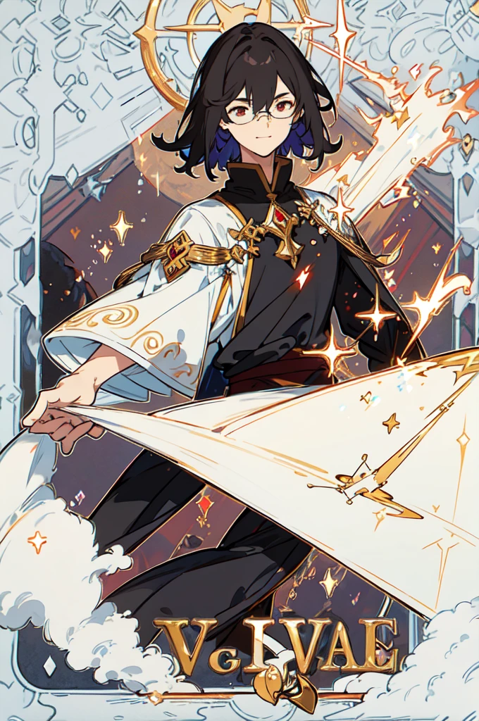 masterpiece, best quality, 1 male, young, tall muscular, handsome, finely detailed eyes, intricate details, black hair, short hair, smile, solo, upper body, detailed background, detailed face, good sorcerer, color magical robes, determined expression, white color scheme, dark crimson light, glowing magical runes, realistic lighting, floating particles, sparks, surrounded by gold lightning red arcane symbols, corrupted by eldritch power, bloom, glasses