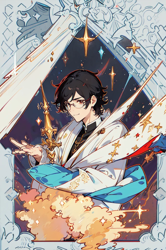 masterpiece, best quality, 1 male, young, tall muscular, handsome, finely detailed eyes, intricate details, black hair, short hair, smile, solo, upper body, detailed background, detailed face, good sorcerer, color magical robes, determined expression, white color scheme, dark crimson light, glowing magical runes, realistic lighting, floating particles, sparks, surrounded by gold lightning red arcane symbols, corrupted by eldritch power, bloom, glasses