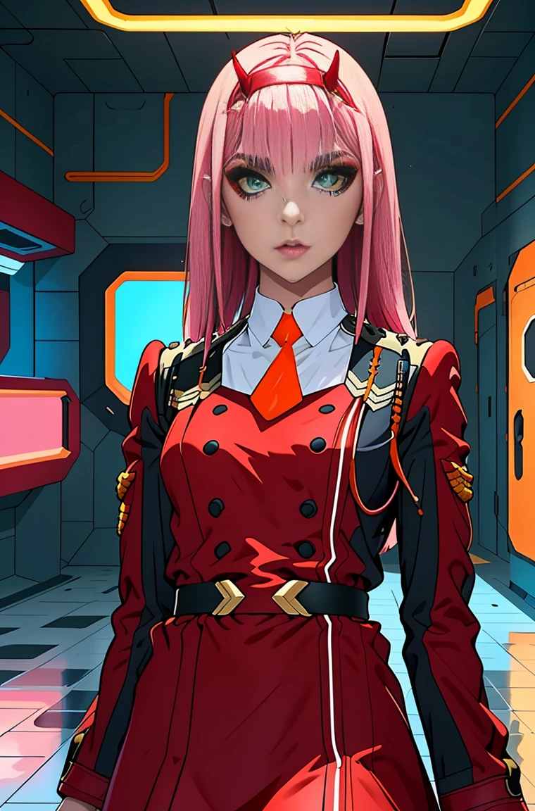 Zero-Two, Long straight and shiny pink hair, small white tiara with two small red horns, (white tiara), straight bangs cover the forehead, green eyes, mascara makeup, eyeshadow makeup, red military uniform with gold metal details on the shoulders, small story black with gold metal detail on the double buckle, white collar with small orange tie, six black buttons, three on each side on the front of the uniform, long red sleeves with black detail, , ((red skirt)), red skirt on top in black tight pants, inside a futuristic room with white neon lighting, teenagers in the background.