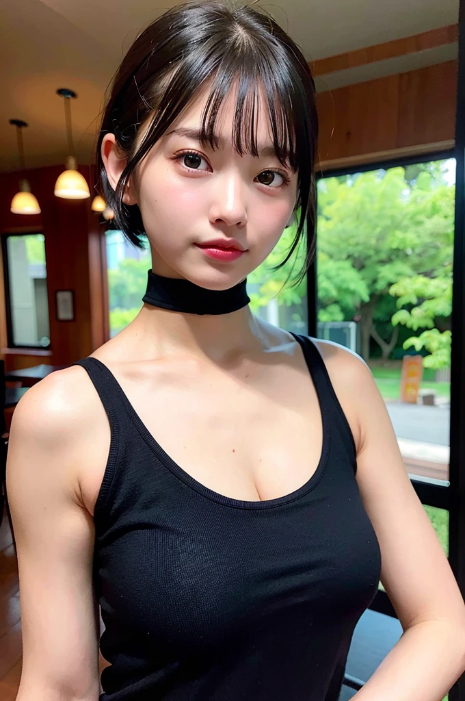 Highest quality、Ultra-high resolution、(Photorealistic:1.4)、1 girl、A big silhouette T-shirt that exposes the chest、Black Choker、(Faded grey hair:1)、short hair、(Big Breasts:1.2)、View your viewers、Close-up、Beautiful woman