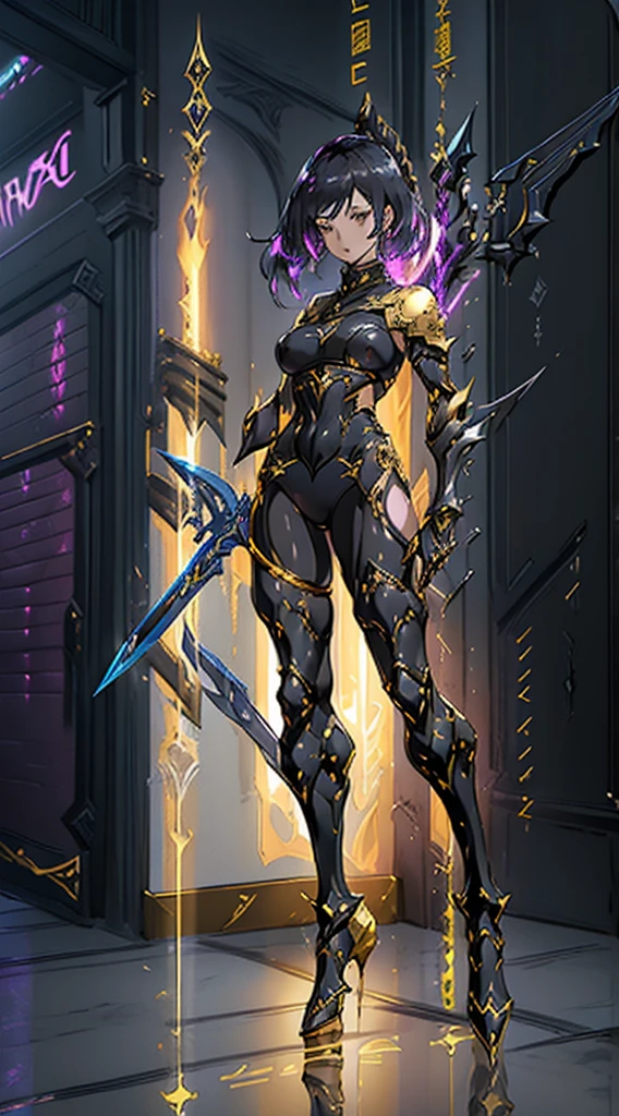 Design a layout showcase Gaming character, ((1girl)), assasin:1.4, Golden+Purple clothes, Black_Desert_style, stylish and unique, ((showcase weapon:1.4)), magic staff, (masterpiece:1.2), (best quality), 4k, ultra-detailed, (Step by step design, layout art:1.5), (luminous lighting, atmospheric lighting), Final Fantasy style, magican, ((glove full hands)), fran, viera, (((revealing clothes:1.3))), vambraces, armored legwear, (((full_body_shot:1.4))), Niji, back_view, T_pose