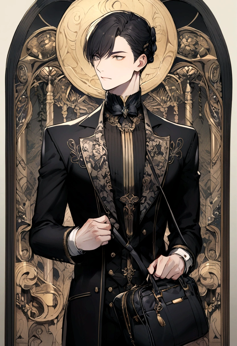 man,handsome,Slim figure,Hairstyle set with side bangs,Wear a ,carrying a black bag,
