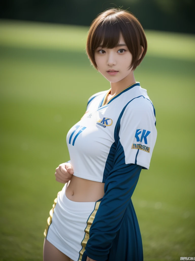 ((8k:1.27), Highest quality, masterpiece, Golden Ratio, Ultra-high resolution:1.2) Photos of cute idol girls
 (beautiful:1.1) (Sci-fi warrior woman:1.1), Cute Asian Girl, 16 years old, Fantasy, detailed, Sports photography, Hasselblad Camera, Depth of written boundary, short hair, Pixie Haircut, Random hair color, Solo Girl, 1 Girl, White skin, Large Breasts: 1.5, Round Breasts, Chubby body type, Full body photo, Soccer Jerseys, Playing soccer, soccer ball, Soccer Shoes