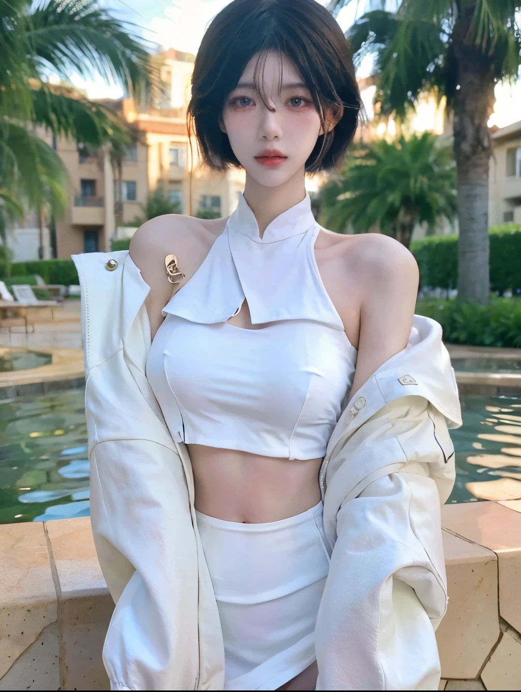 Beautiful woman with perfect figure：1.4，Layered hairstyle，Snow White，White skin，Prominent cleavage，Bikini：1.5，Super short pleated skirt，whole body，Very delicate facial and skin texture，Double eyelids，Skin Whitening，Long white hair