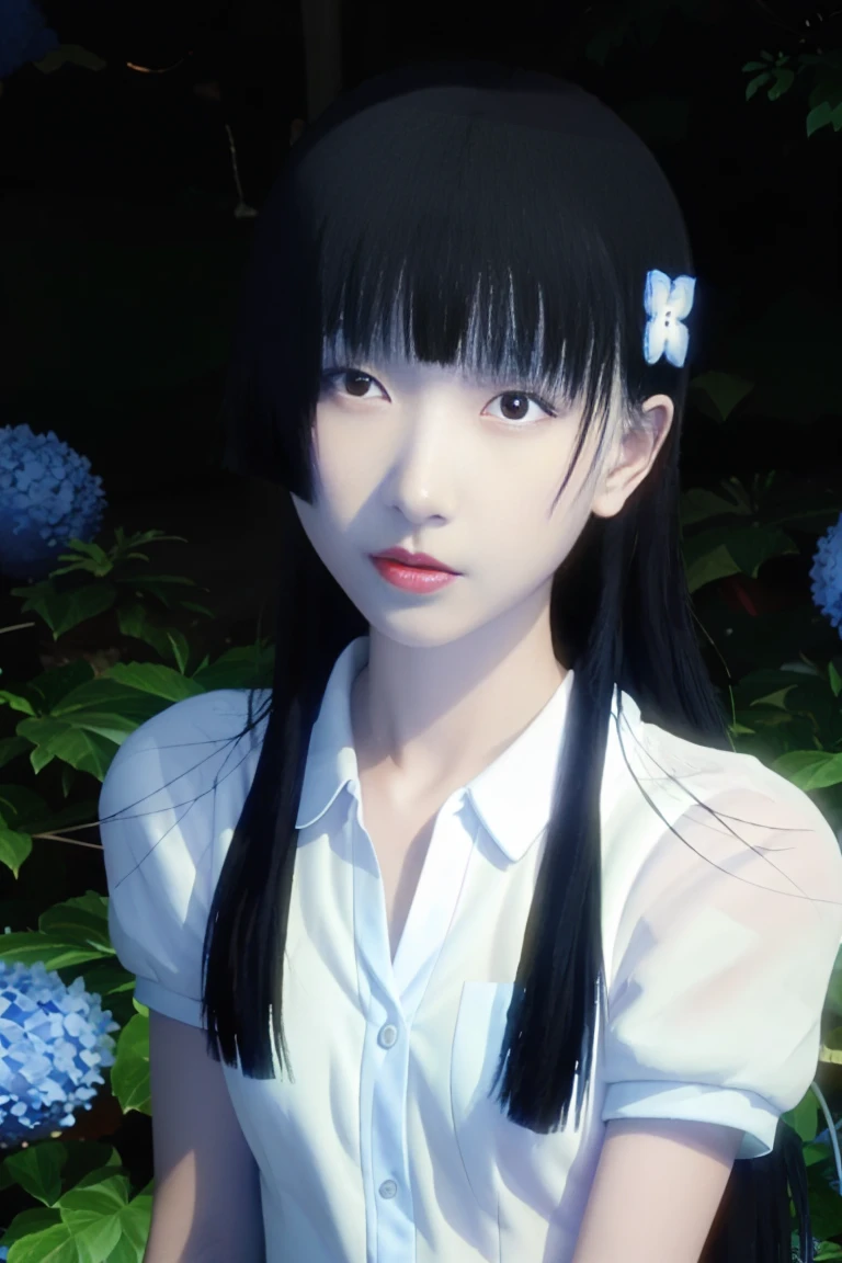  best quality, tmasterpiece,Ultra-high resolution,Clear face,（Reality：1.4），ferpect lighting，(upper body shot), (photorealistic:1.50), anime wallpaper, Guviz style artwork, cover-up fantasy up to magic , by Yang J, Guviz, beautiful artwork illustration, beautiful digital artwork, beautiful digital illustration, Li Song, beautiful anime portrait, art style in Beauvot, 1girl, solo, red eyes, hair flower, , serafuku, hydrangea, garden, from above, 