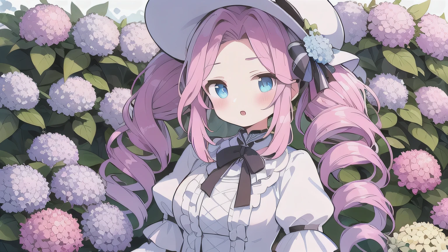 &quot;One Woman&quot;、young、blue eyes、Pink Hair、Long Hair、Drill-shaped twin-tail hairstyle、White Hat、White ****ta Fashion、Upper Body、Hydrangea garden