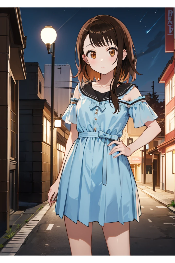 masterpiece, best quality, highres, aakosaki, brown hair, sidelocks, (((gyaru,))), standing, cowboy shot, night, street