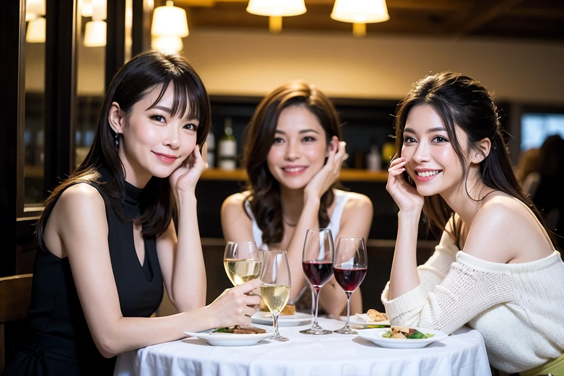 hair, Ultra-high resolution, Highest quality, masterpiece: 1.2), (Realistic, photoRealistic: 1.37), Very detailed, celebration party、beauty、Charm、Beautiful mature woman、Three women who love wine、Three Men、Champagne、Sparhairling wine、Winter Night、restaurantでワイン宴会、(slimな男女4名),(Wine for 5)、(slimフェイス),Happy、 最高なsmile、Fox face、Raccoon face、Berry Short、(Because I'thin), (Brown Hair), (Shortcuts), Long sleeve shirt、Winter Fashion、Columbia、Brazilian、Japanese、Dutch、German、Portuguese、Belgian、Italian、French, (squirt), (slimボティ), (Brown Hair), (Shortcuts), 端正なbeauty、cheehairs blush a little, (41 years old), 38 years old, Age 35、32 years old、 Outside the window, a beautiful and detailed night view unfolds......., restaurant, wine glassが座っている, At night, In a prominent place (from the Upper Body) Nova Frog Style, actress, model, Upper Body, White wine, slim, wine glass, Very beautiful night view, wine glass Put in the Middle, Happy smile, (smile: 1.15),