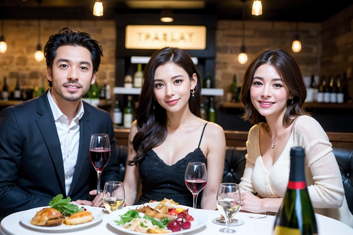 hair, Ultra-high resolution, Highest quality, masterpiece: 1.2), (Realistic, photoRealistic: 1.37), Very detailed, celebration party、beauty、Charm、Beautiful mature woman、Three women who love wine、Three Men、Champagne、Sparhairling wine、Winter Night、restaurantでワイン宴会、(slimな男女4名),(Wine for 5)、(slimフェイス),Happy、 最高なsmile、Fox face、Raccoon face、Berry Short、(Because I'thin), (Brown Hair), (Shortcuts), Long sleeve shirt、Winter Fashion、Columbia、Brazilian、Japanese、Dutch、German、Portuguese、Belgian、Italian、French, (squirt), (slimボティ), (Brown Hair), (Shortcuts), 端正なbeauty、cheehairs blush a little, (41 years old), 38 years old, Age 35、32 years old、 Outside the window, a beautiful and detailed night view unfolds......., restaurant, wine glassが座っている, At night, In a prominent place (from the Upper Body) Nova Frog Style, actress, model, Upper Body, White wine, slim, wine glass, Very beautiful night view, wine glass Put in the Middle, Happy smile, (smile: 1.15),