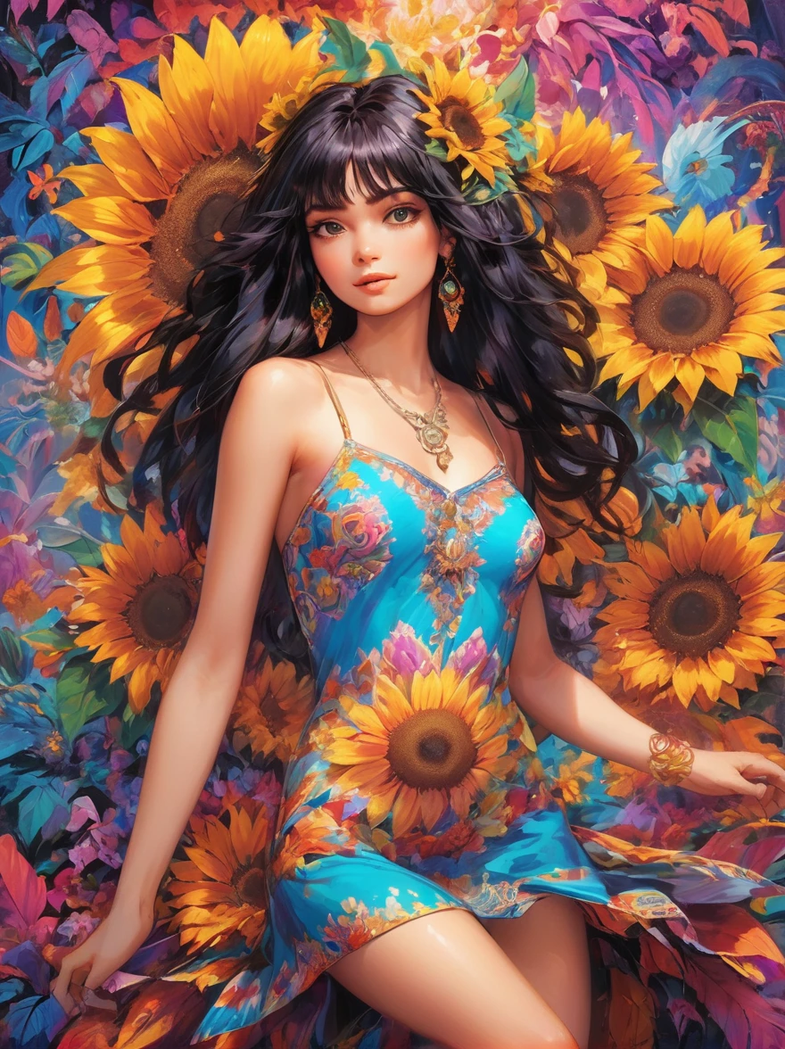 (Highest quality, 4K, 8k, High resolution, masterpiece:1.2), Super detailed, (Realistic, photoRealistic, photo-Realistic:1.37), expressive aesthetics, 1960s counterculture, A group of human-like animals, Brightly colored humanoids, Psychedelic Art, Retro art style, Crisp details, abstract pattern, Colorful fur texture, Dynamic pose, Symbol of peace, Paisley pattern, Happy and carefree expression, Flower Power, Protest sign, Sunflower field, Psychedelic Background, Fractal Art, Multicolored neon lights, A unique and trippy perspective, surRealistic landscape, Hallucinations, a mind-changing experience, Motion Blur, Fluid movement, Synthesizer Sounds, Realistic fur rendering, Rich and vibrant color palette, Jazz-inspired fusion music, Mysterious glow, high contrast lighting, Embrace nature, Universal harmony