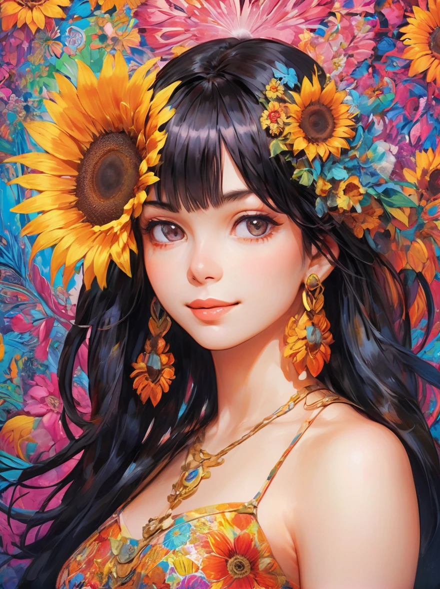 (Highest quality, 4K, 8k, High resolution, masterpiece:1.2), Super detailed, (Realistic, photoRealistic, photo-Realistic:1.37), expressive aesthetics, 1960s counterculture, A group of human-like animals, Brightly colored humanoids, Psychedelic Art, Retro art style, Crisp details, abstract pattern, Colorful fur texture, Dynamic pose, Symbol of peace, Paisley pattern, Happy and carefree expression, Flower Power, Protest sign, Sunflower field, Psychedelic Background, Fractal Art, Multicolored neon lights, A unique and trippy perspective, surRealistic landscape, Hallucinations, a mind-changing experience, Motion Blur, Fluid movement, Synthesizer Sounds, Realistic fur rendering, Rich and vibrant color palette, Jazz-inspired fusion music, Mysterious glow, high contrast lighting, Embrace nature, Universal harmony
