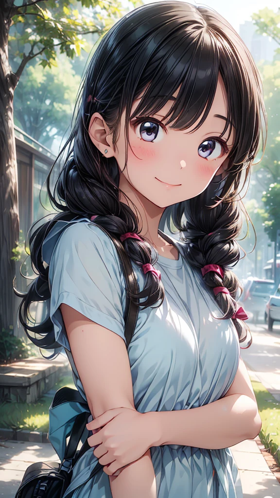young woman、smile、((Random Hairstyles))、Blushing、((masterpiece、High resolution、16K))、((Random design spring clothes))、(Very close:1.5)、Forest Park(Focus on the upper body:1.5)、((Wave at me))