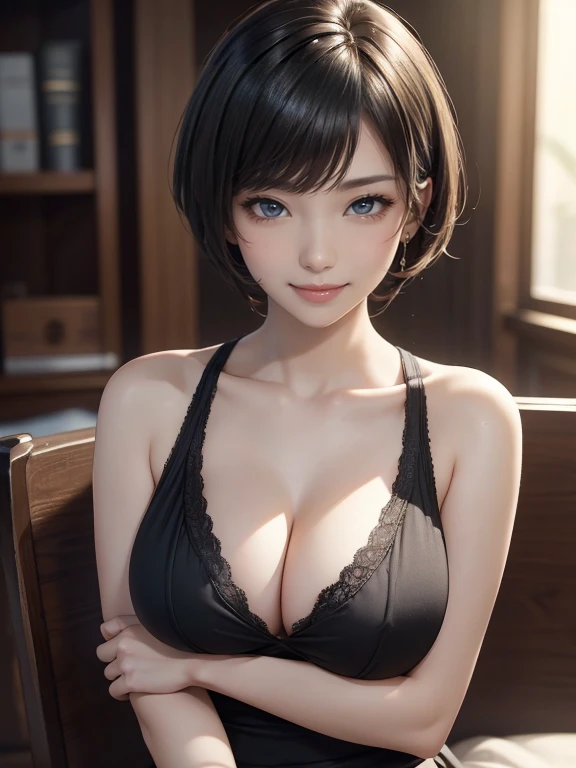 View your audience,high school girl,Leaning forward,(Random cute clothes),(Random Animation Pose),(Thin type),(Very large breasts),(Big Breasts)(Accentuate your cleavage)(Black Short Hair)(Pixie Cut),(Best image quality, (8k), Ultra-realistic, 最high quality, high quality, High resolution, high qualityの質感, Attention to detail, Beautiful details, Fine details, Extremely detailed CG, Detailed Texture, Realistic facial expressions, masterpiece, in front),(Wearing glasses:1.1)