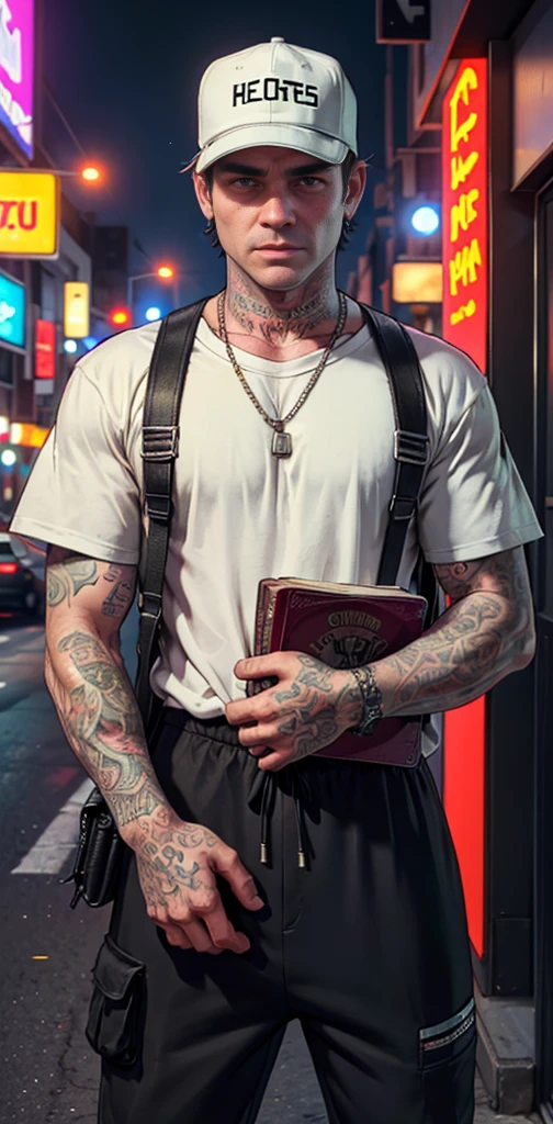 (GTA v)) Lil peep's style looking into the camera ((holding a Bible)), ((Roupas grifes)), estilo de rua, Carregando grito, ((GTA V completo)), ((cinemactic)), sozinho, obra prima