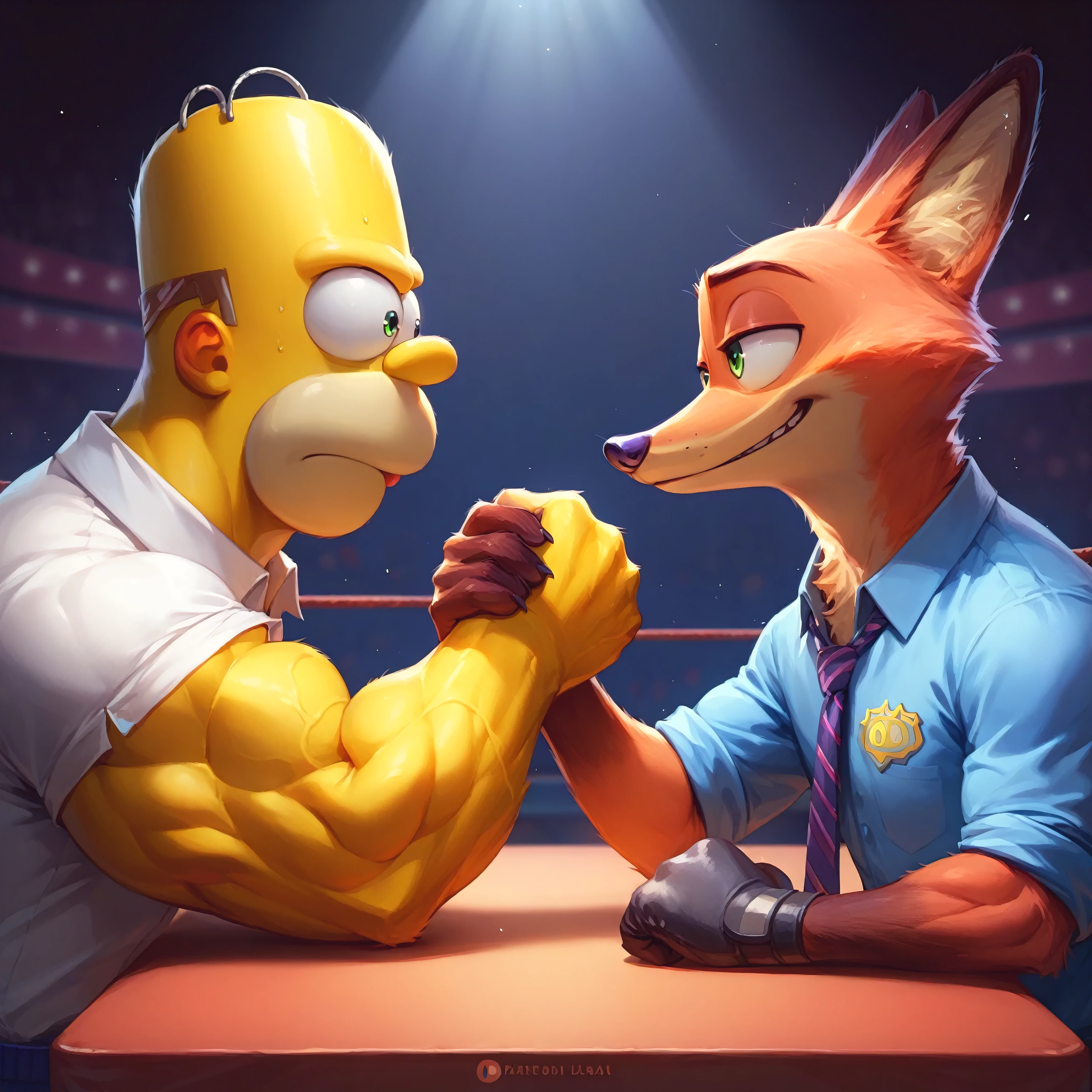 homer simpson  vs nick wilde (an ultra realistic background of a live Las Vegas fighting ring doing arm wrestling super strong, muscular and pumped) (duo:1.1) (looking at each other seriously expression baby)