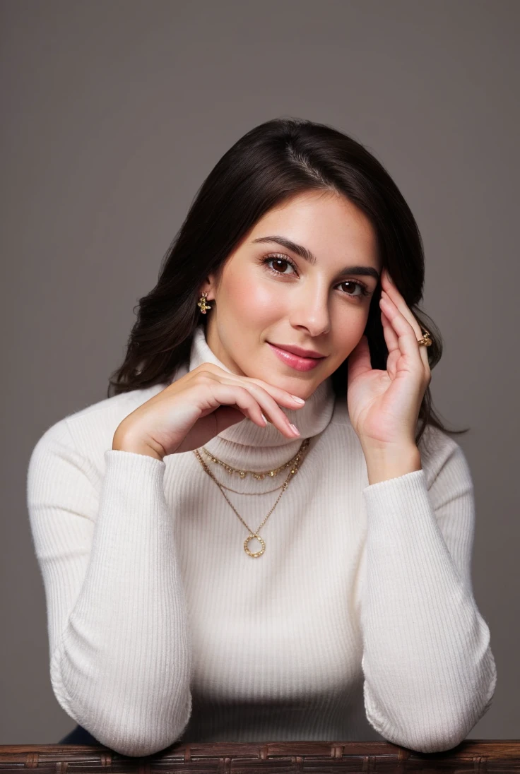 full hd 4k realistic image, “Create a beautiful, realistic woman with straight brown hair, deep brown eyes and smooth white skin, an Italian woman. Her face has delicate features and is smiling, radiant, with a smile. She dresses in a sophisticated way, pink blazer
