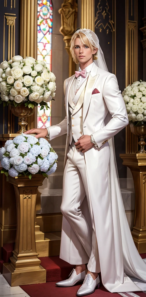 the wedding altar. Everything is decorated with lots of white and pink hydrangeas, everything is sparkling, there is a festive atmosphere. A tall, handsome, statuesque, athletic young man is platinum blond, he has tanned skin, blue eyes, long straight platinum hair, long bangs laid on his side, he is dressed in a luxurious white men's wedding suit. He stands at the altar and looks ahead. Masterpiece, beautiful face, beautiful facial features, perfect image, realistic photos, full-length image, 8k, detailed image, extremely detailed illustration, a real masterpiece of the highest quality, with careful drawing. glow. In full growth.