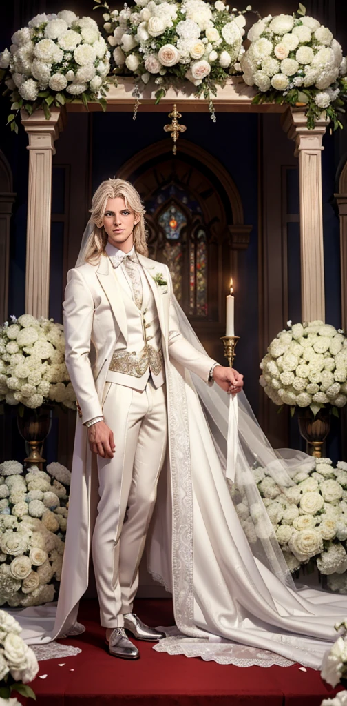 the wedding altar. Everything is decorated with lots of white and pink hydrangeas, everything is sparkling, there is a festive atmosphere. A tall, handsome, statuesque, athletic young man is platinum blond, he has tanned skin, blue eyes, long straight platinum hair, long bangs laid on his side, he is dressed in a luxurious white men's wedding suit. He stands at the altar and looks ahead. Masterpiece, beautiful face, beautiful facial features, perfect image, realistic photos, full-length image, 8k, detailed image, extremely detailed illustration, a real masterpiece of the highest quality, with careful drawing. glow. In full growth.