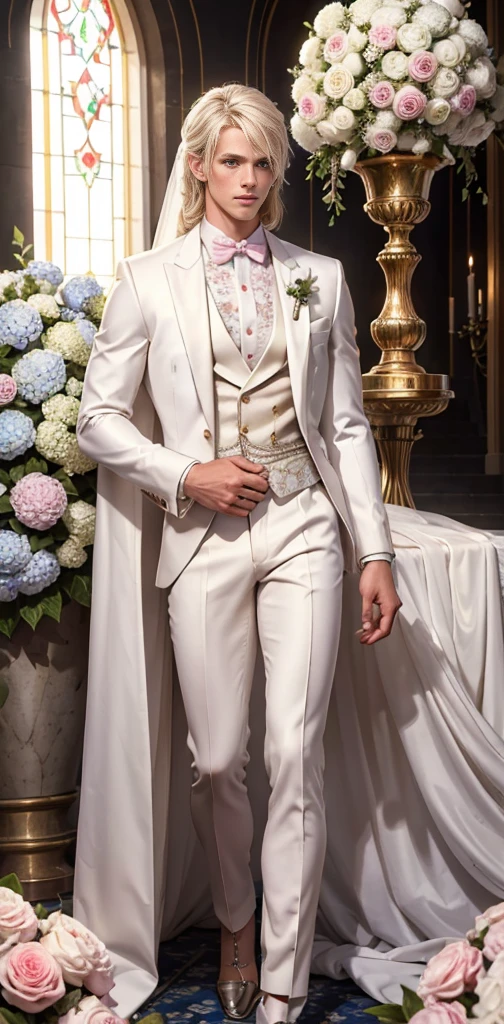 the wedding altar. Everything is decorated with lots of white and pink hydrangeas, everything is sparkling, there is a festive atmosphere. A tall, handsome, statuesque, athletic young man is platinum blond, he has tanned skin, blue eyes, long straight platinum hair, long bangs laid on his side, he is dressed in a luxurious white men's wedding suit. He stands at the altar and looks ahead. Masterpiece, beautiful face, beautiful facial features, perfect image, realistic photos, full-length image, 8k, detailed image, extremely detailed illustration, a real masterpiece of the highest quality, with careful drawing. glow. In full growth.