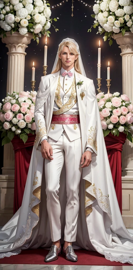 the wedding altar. Everything is decorated with lots of white and pink hydrangeas, everything is sparkling, there is a festive atmosphere. A tall, handsome, statuesque, athletic young man is platinum blond, he has tanned skin, blue eyes, long straight platinum hair, long bangs laid on his side, he is dressed in a luxurious white men's wedding suit. He stands at the altar and looks ahead. Masterpiece, beautiful face, beautiful facial features, perfect image, realistic photos, full-length image, 8k, detailed image, extremely detailed illustration, a real masterpiece of the highest quality, with careful drawing. glow. In full growth.
