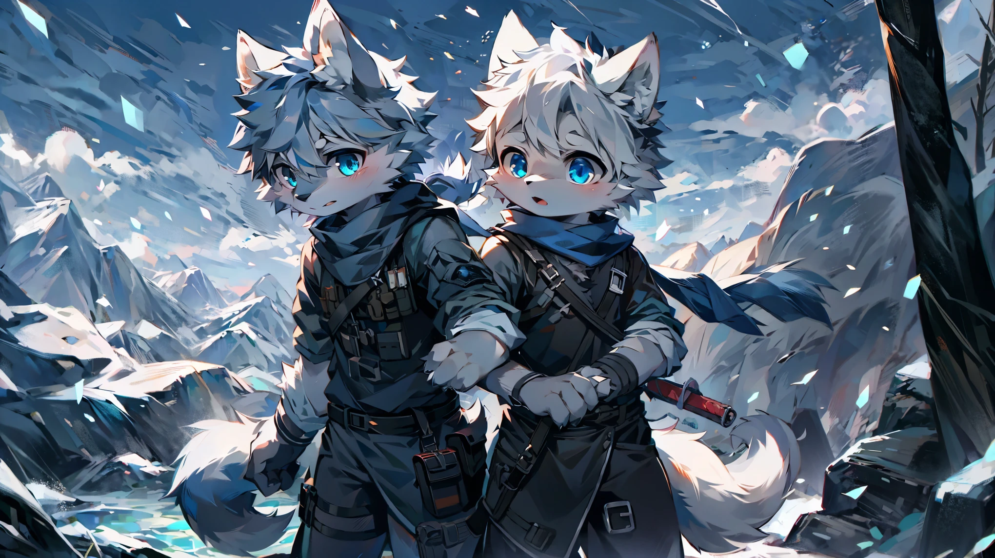 a male werewolf wearing black combat uniform, blue scarf, grey-white fur, sky blue eyes, in a snowy mountain landscape, holding a knife in each hand, wolf ears, fluffy fur, wolf tail, snowing