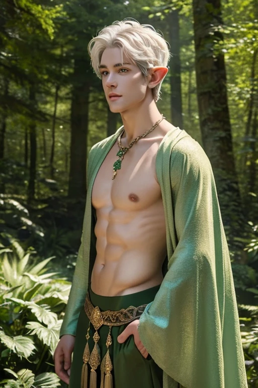 best quality,masterpiece,Ultra high detail,A handsome muscular fractal white hair forest elf druid prince, Short hair,topless,),(wearing green and brown wardrobe with jewelry ),realistic, green forest wonderland background, light environment , in action 