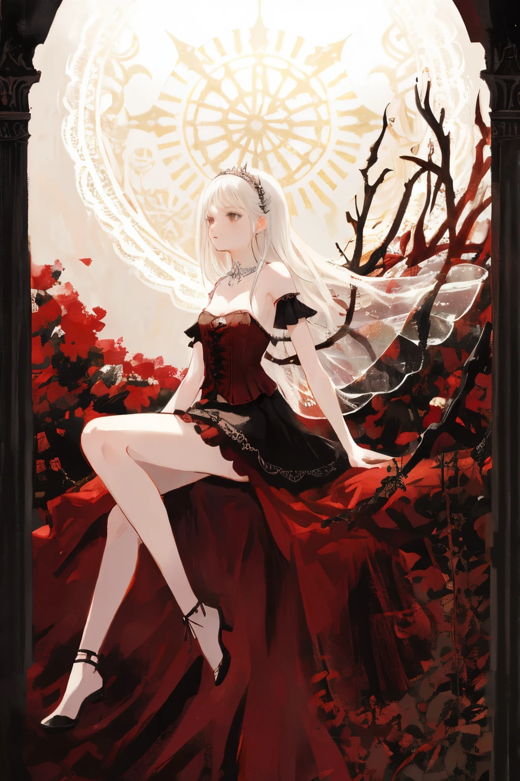 ((best quality)), ((masterpiece)), (detailed), 1girl, Character design, female, dynamic poses, long white grey hair, grey white eyes, very skinny, detailed, best quality, no accesoires around the neck, no shoes, prominent collarbones, skinny arms, flat stomach, visible hip bones, full body, blank white background, plain background, white background, red and white clothing, Bloodborne inspired, occult aesthetic, occult, detailed and intricate steampunk and detailed gothic, NSFW, Very dramatic and cinematic lighting, cosmic horror, grim-dark, side-lighting, perfect face, NSFW, Fluttering lace flared long knee length dress with frilly petticoats, knee length dress, pleated petticoats, petticoats gothic, complex lace boots, side-lighting, gothic aesthetic, wielding a mighty sword with mechanical components, mandalas, small breasts, a fairy, various different types of insect wings, NSFW, full body, whole body, body, plain background, white background, blank background, no background, white background NSFW, chains, full body, whole body, head-to-toe NSFW